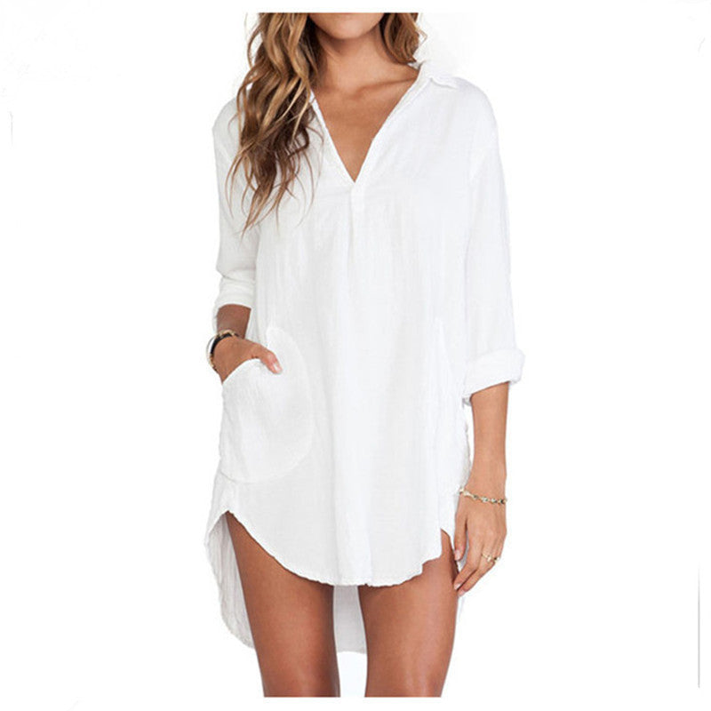 Sexy Women Sheer White Shirts  Dress  Long  Sleeve  Pocket 