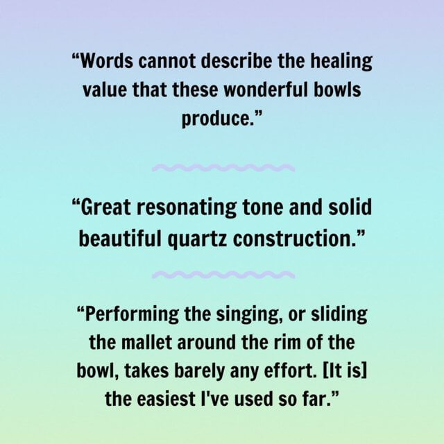 light purple to blue gradient image with text review of singing bowl