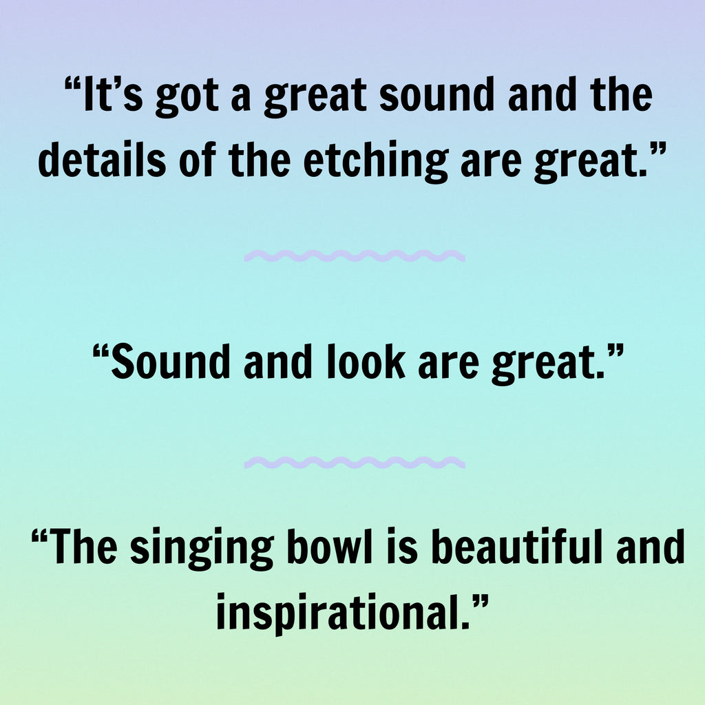 light purple to blue gradient image with text review of singing bowl