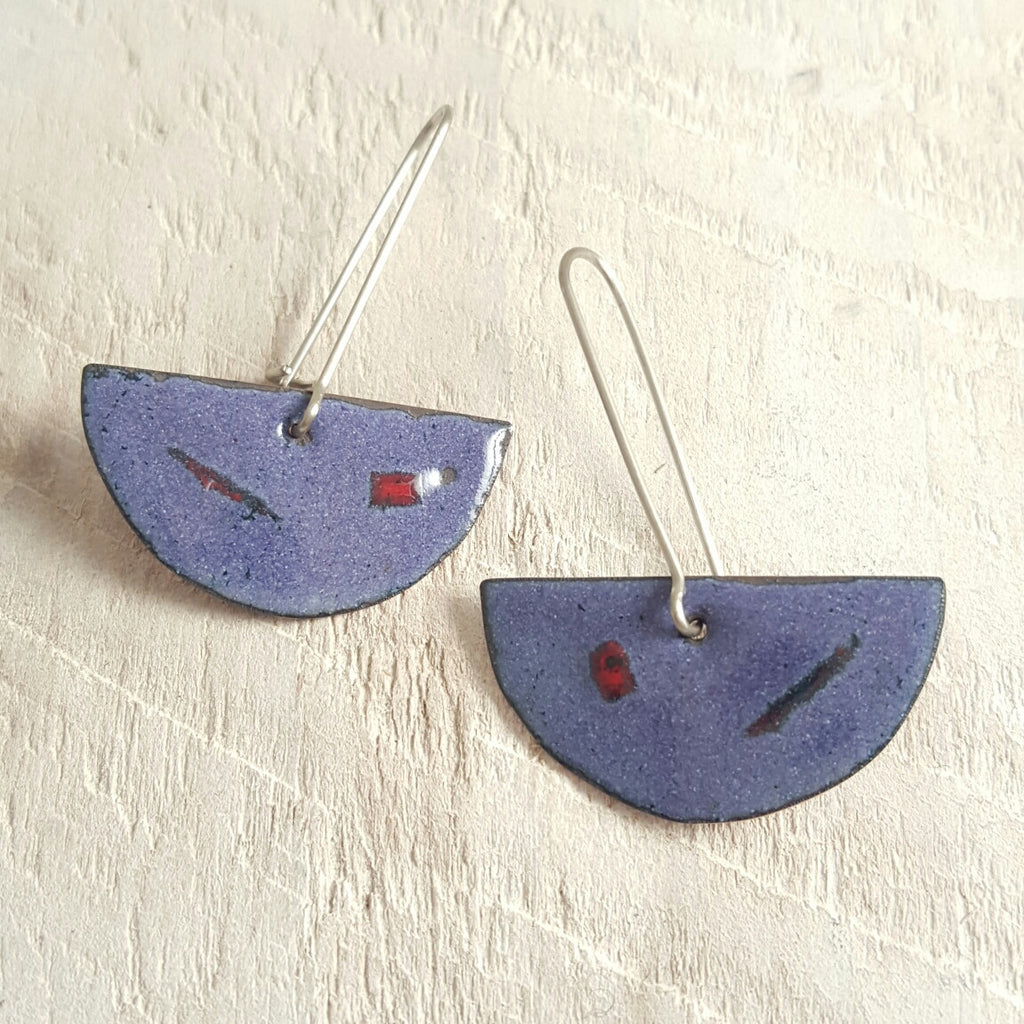 Purple enameled copper earrings with red and blue accents.