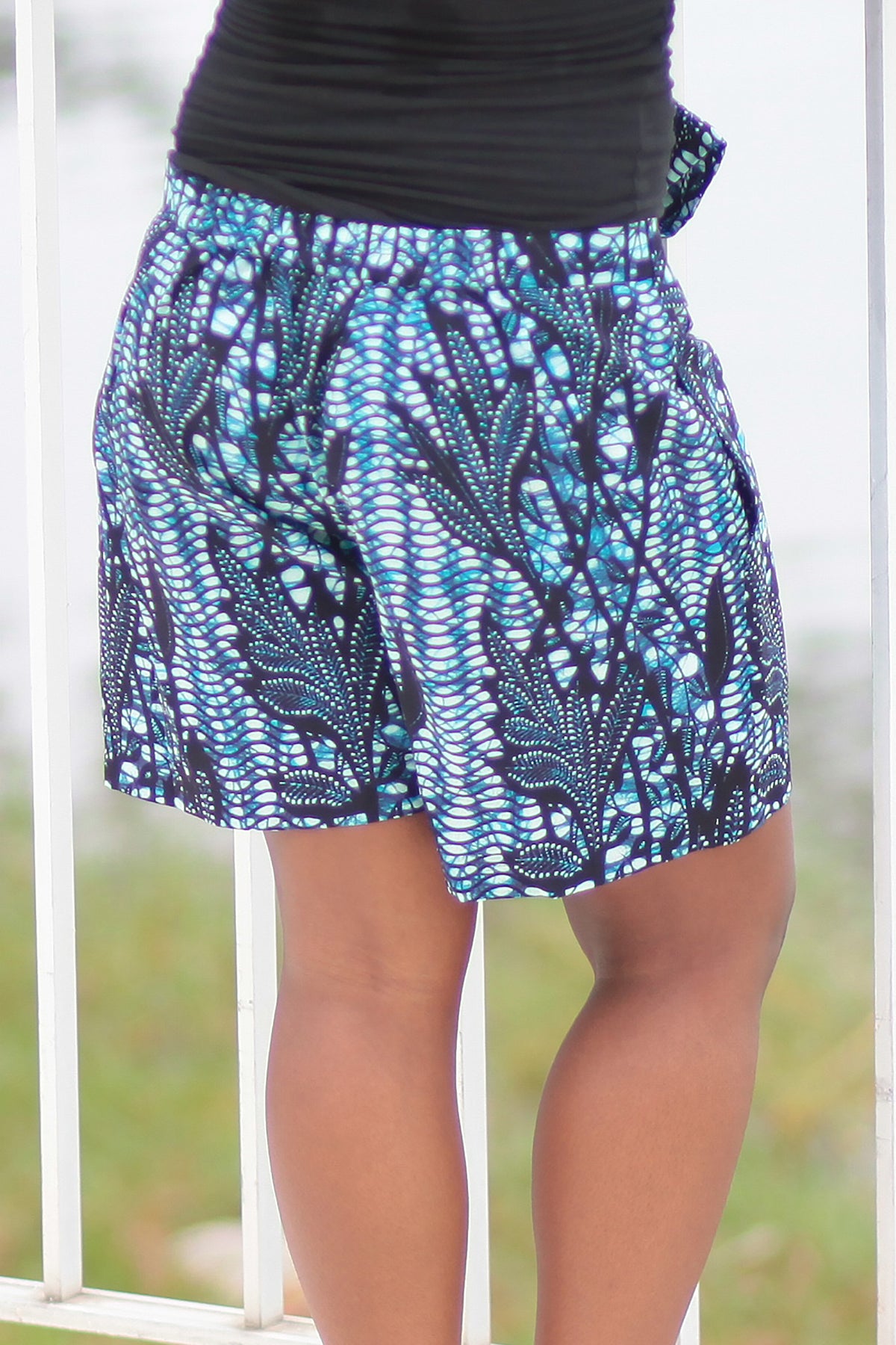 African Print/Kitenge Beach Shorts - Navy Blue Seaweed Print - Africas ...