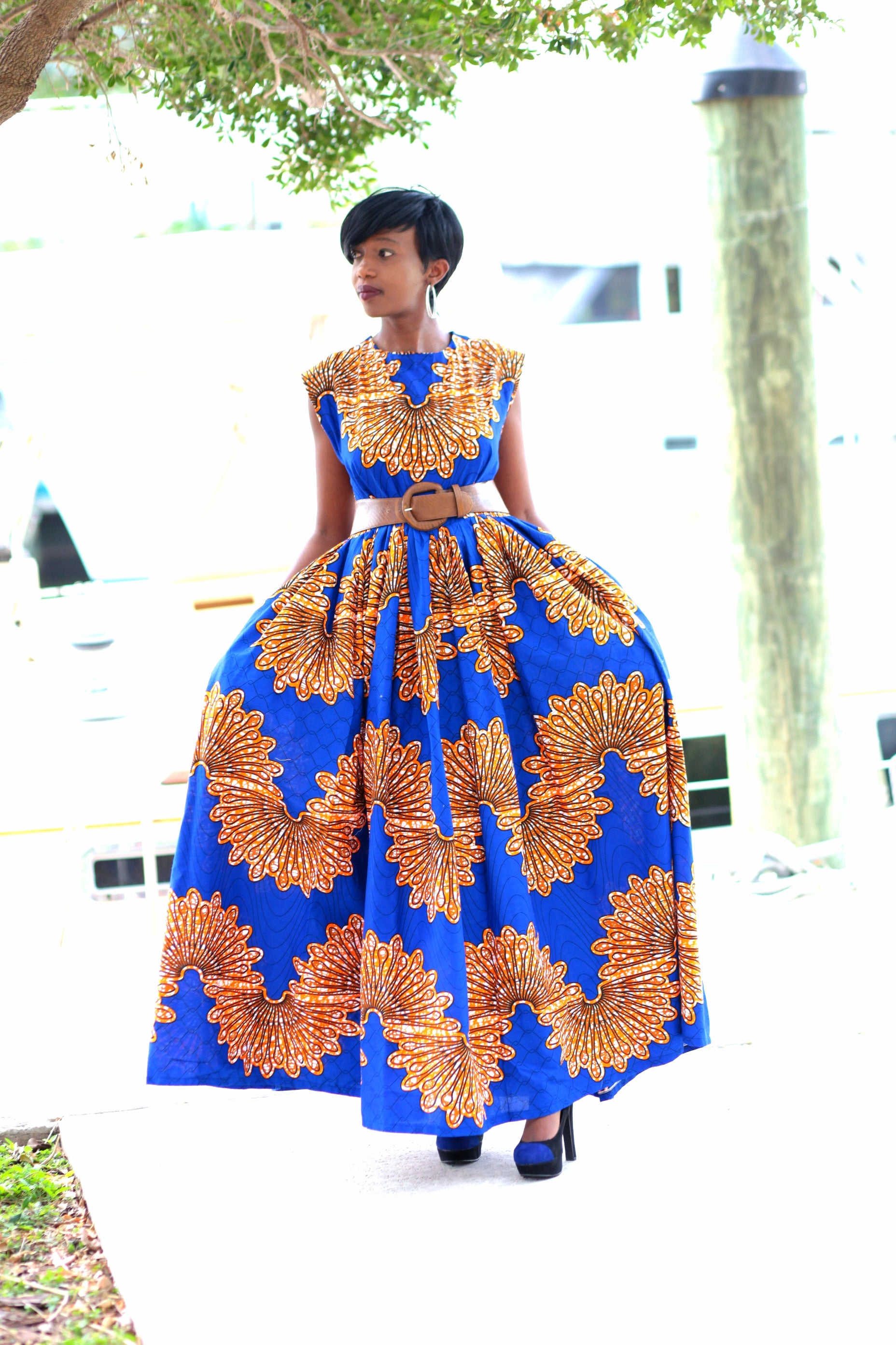 Beste African Print Maxi Dress - Royal Blue/Brown /Orange - Africas Closet UR-95