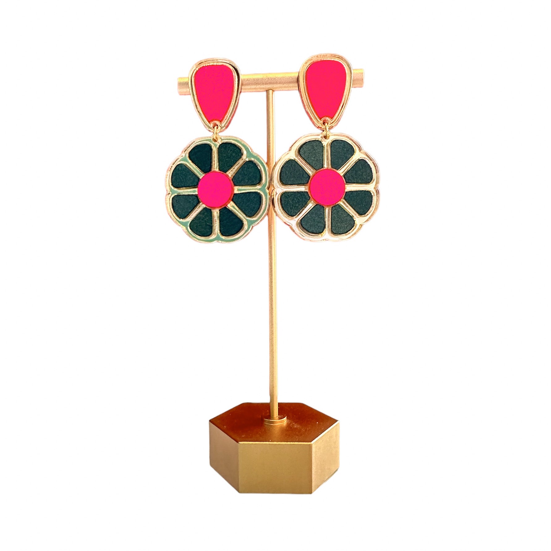 Pink &amp; Hunter Green Fall Flower Earrings