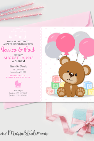 teddy bear girl baby shower invitations