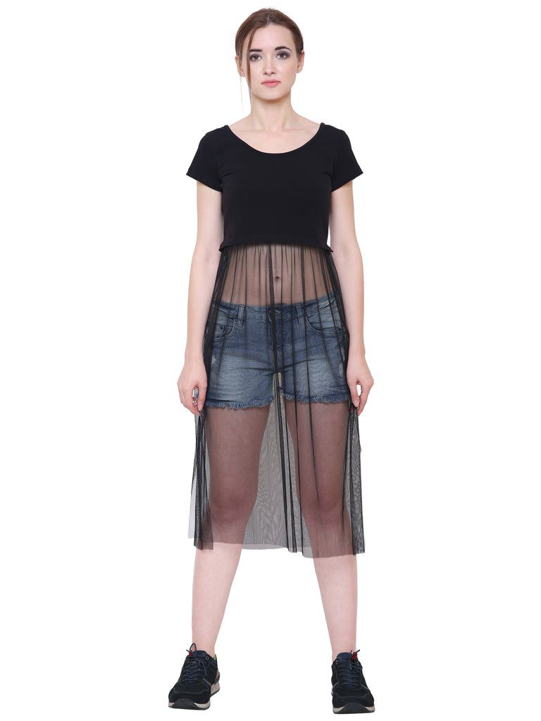 Zara Black Crop Top With Sheer Net 