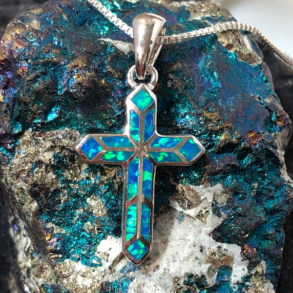 Blue Opal Cross Necklace Sterling Silver AlphaVariable Jewelry