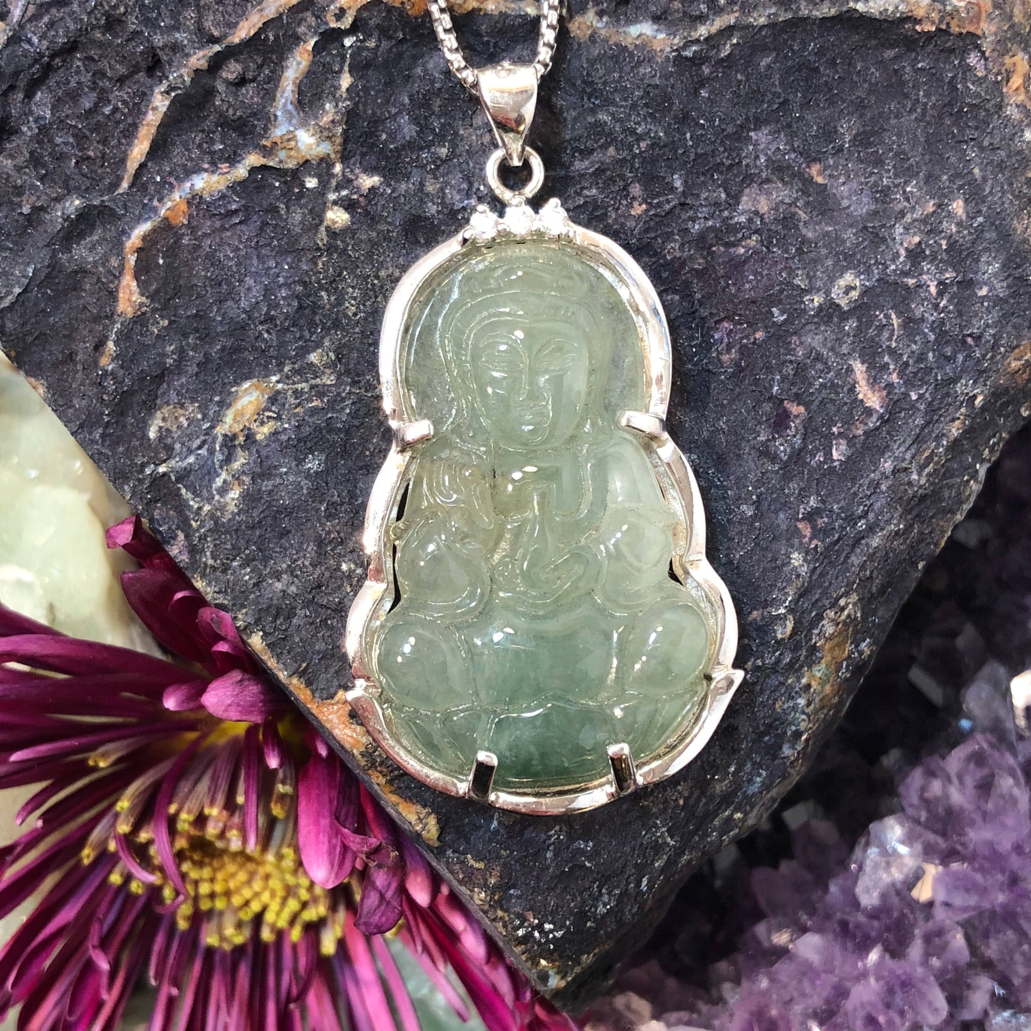 Jade Buddha Pendant in Sterling Silver with Diamond Accents - AlphaVariable