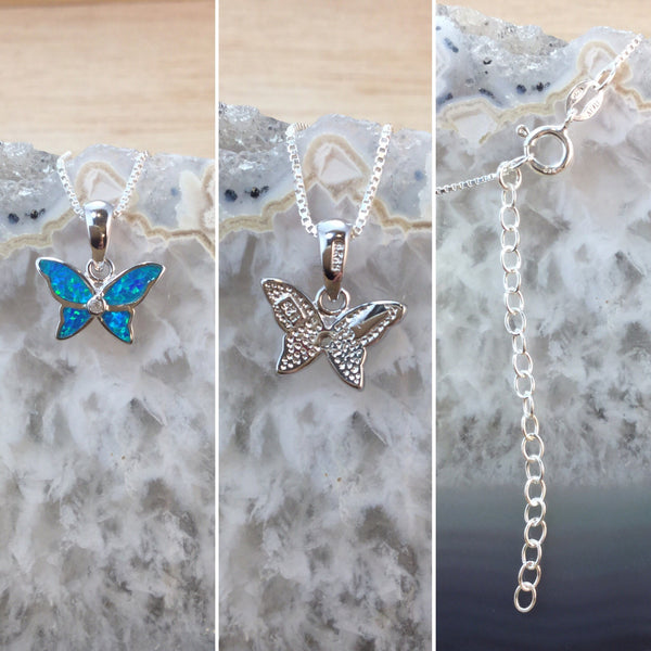 Opal Butterfly Necklace in Blue Velvet Gift Box - AlphaVariable