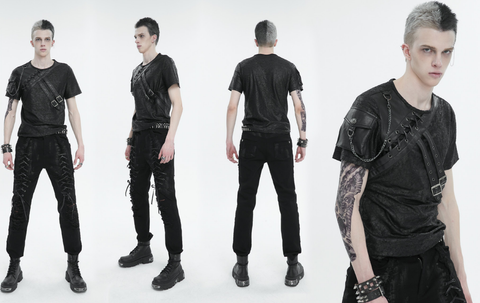 Men's Punk Buckle Splice Faux Leather T-shirt