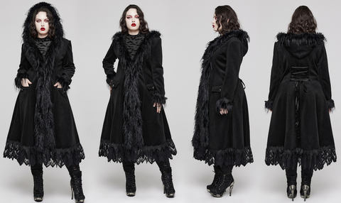 Women's Plus Size Gothic Fluffy Splice Lace Hem Coat with Hood