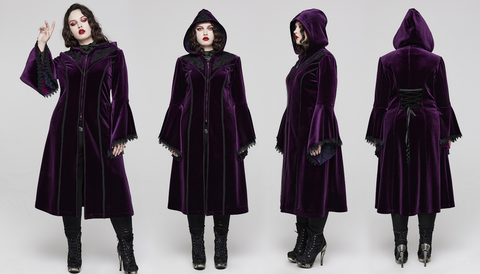 Women's Plus Size Gothic Flared Sleeved Velvet Coat with Hood