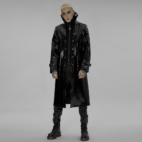 Men's Punk Stand Collar Patent Leather Long Coat