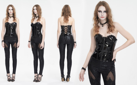 Women's Punk Lace Splice Patent Leather Overbust Corset Black