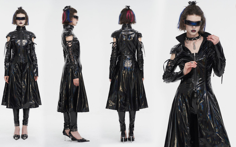 Women's Punk Lace-up Mesh Splice Patent Leather Coat