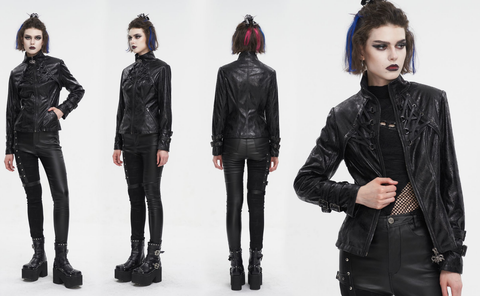 Women's Punk Stand Collar Crackled Buckle Jacket
