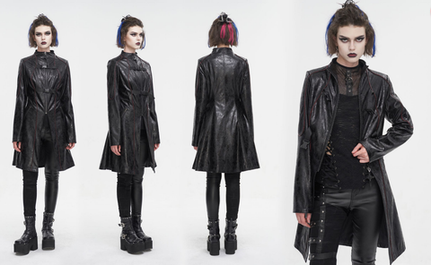 Women's Punk Double-buckle Faux Leather Coat Black