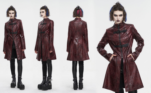 Women's Punk Double-buckle Faux Leather Coat Red