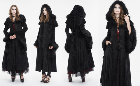 Women's Gothic Flared Sleeved Fluffy Coat with Hood
