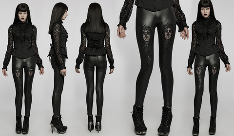 Punk Rave Women's Gothic Floral Applique Faux Leather Leggings