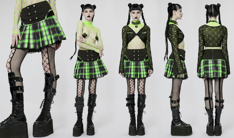 Punk Rave Women's Grunge Double Color Plaid Pleated Skirt