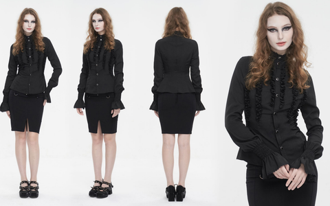 Women's Gothic Stand Collar Ruffled Shirt Black