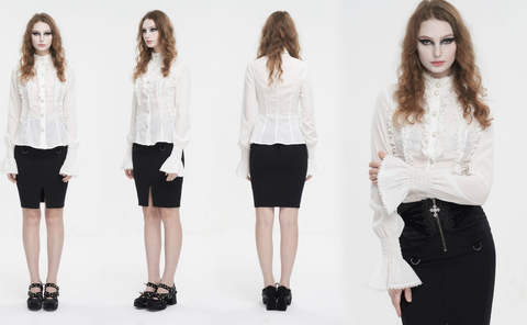 Women's Gothic Stand Collar Ruffled Shirt White