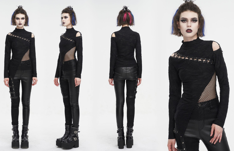 Women's Gothic Strappy Cutout Mesh Splice Shirt