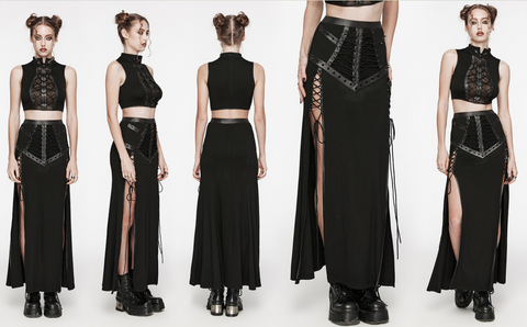 Women's Punk Studded Lace-up Fishtail Skirt Black