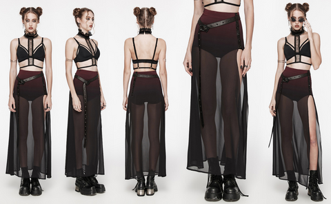 Women's Gothic Color Gradient Split Chiffon Skirt with Belt