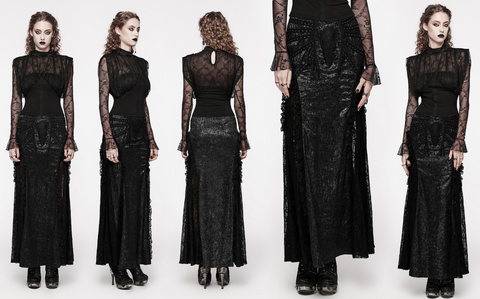Women's Gothic Floral Embroidered Lace Splice Skirt Black