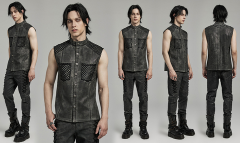 Men's Punk Rock Stand Collar Mesh Splice Black Grey Vest