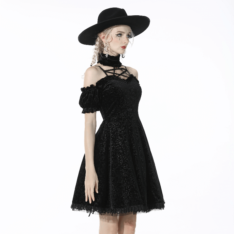 Women's Gothic Stand Collar Off Shoulder Black Velvet Dress – Punk Design