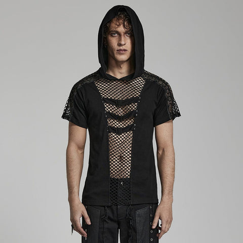 Men's Punk Mesh Splice T-shirt with Hood