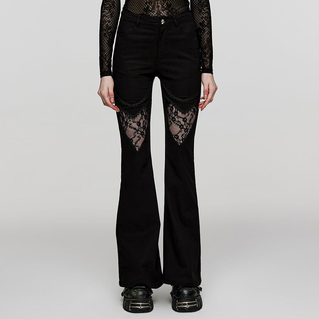 Punk Rave Black Gothic Punk Lace Splicing Long Flare Pants for Women 