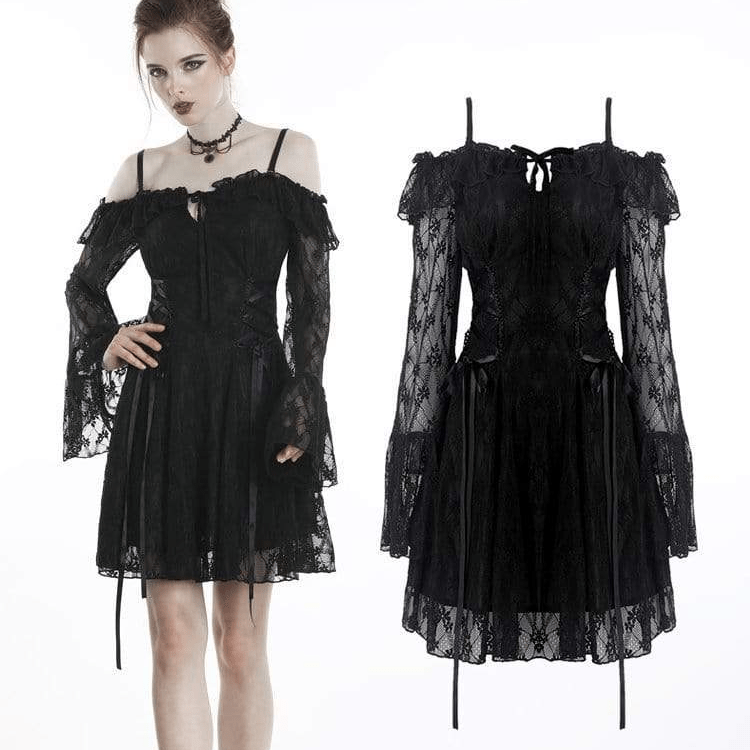 Women's Gothic Off-shoulder Lace Overlaid Sheer Sleeved Dresses – Punk ...