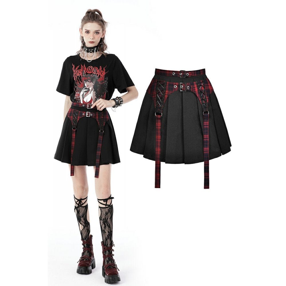 Women's Punk Rock Pleated Skirt With Red Plaid Strap – Punk Design