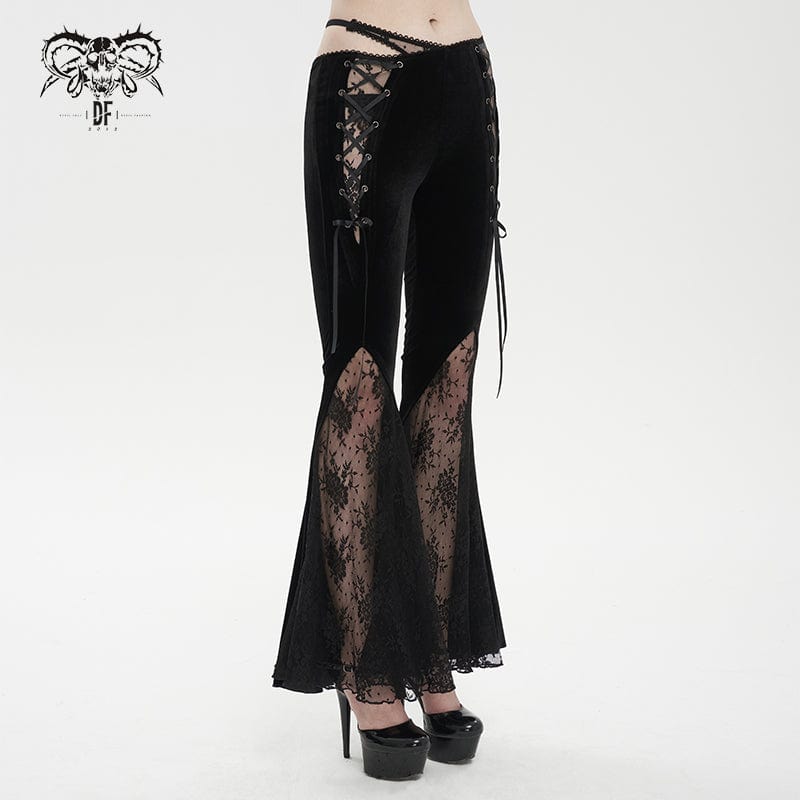 DEVIL FASHION Women's Gothic Lace Splice Velvet Flared Pants