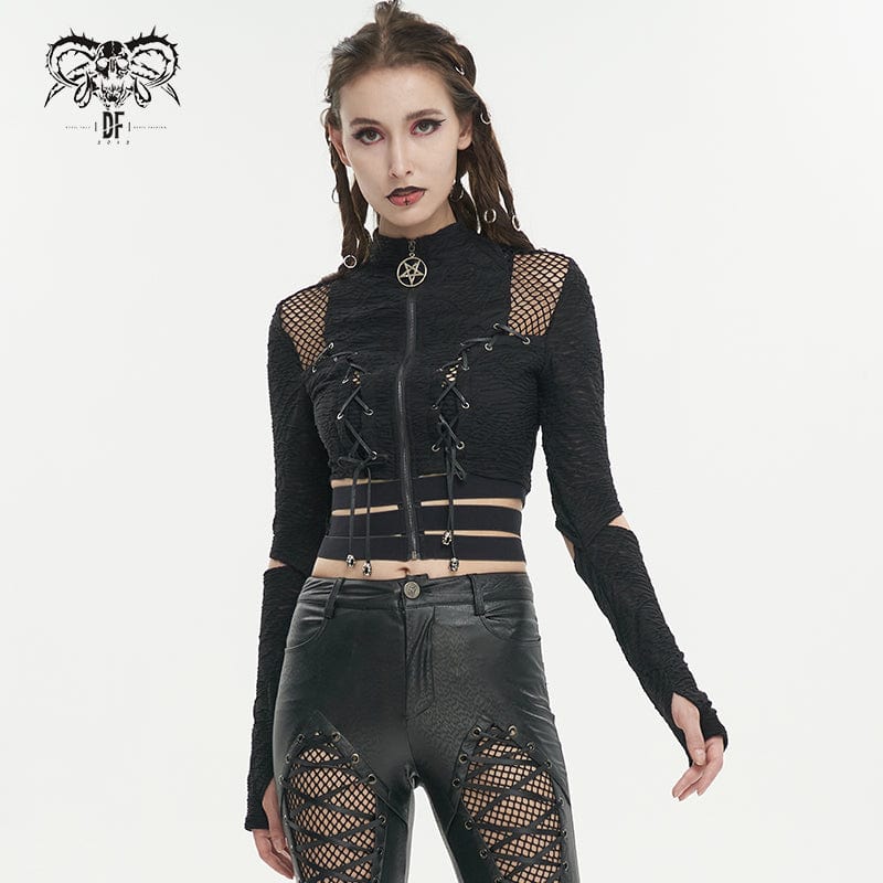 Women's Gothic Ruched Strap Splice Mesh Shirt – Punk Design