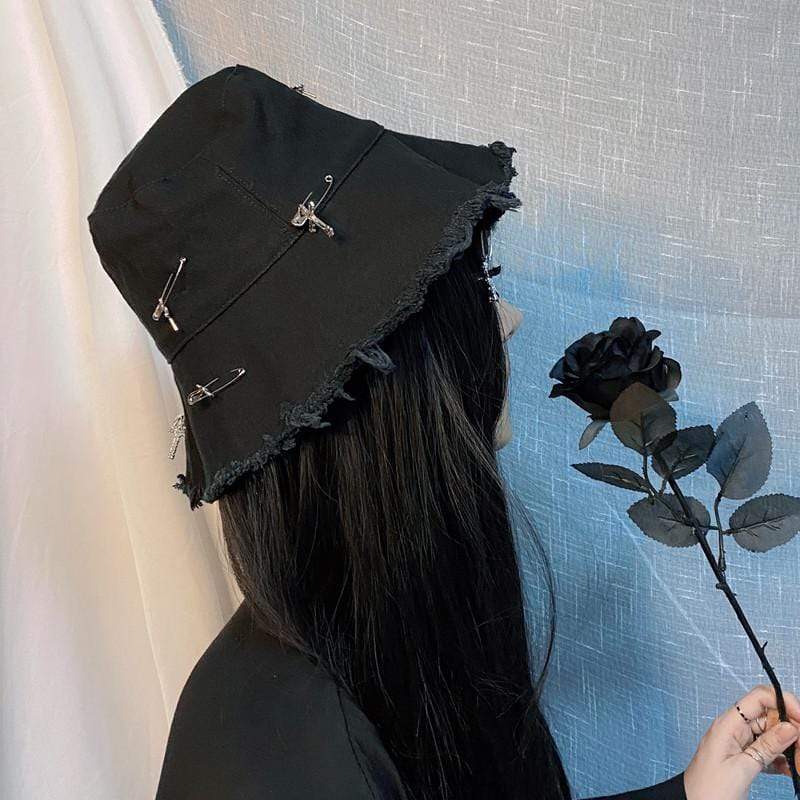 Women's Gothic Ripped Pins Crosses Bucket Hats – Punk Design