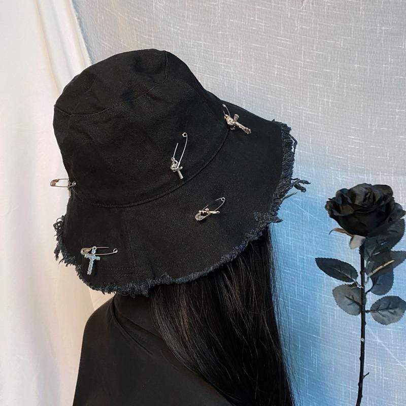 Women's Gothic Ripped Pins Crosses Bucket Hats – Punk Design