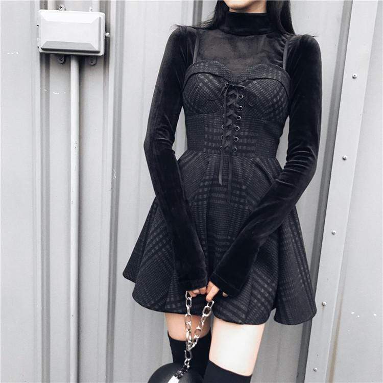 Women's Gothic Lace Floral Sleeve Strappy Velet Dresses – Punk Design