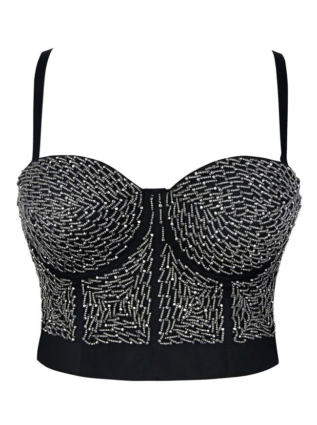 Solid Color Rhinestone Beaded Push Up Bra Studded Gem Clubwear Party  Bustier Crop Top - United Corsets