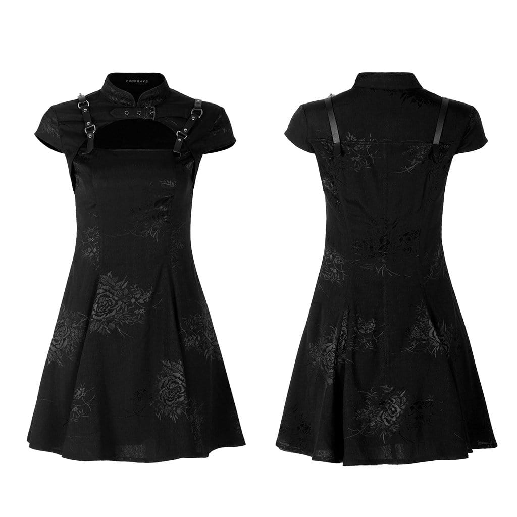 Women's Punk Floral Printed Cutout Black Little Dress – Punk Design