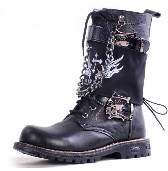 Men S Punk Rock Skull Buckle Martin Boots With Detachable Badge