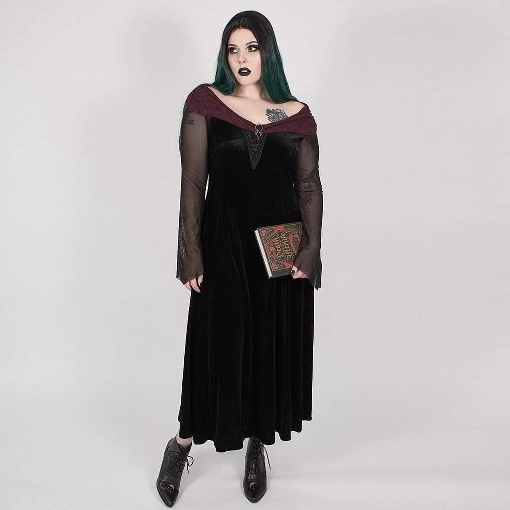 Women's Gothic Black Grungy Shift Dress with Faux Leather Shoulder Straps