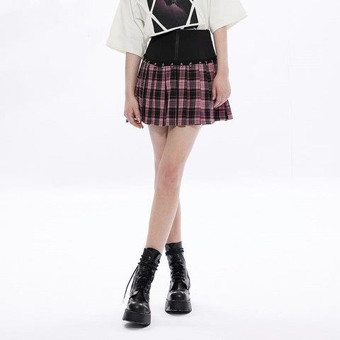 Women's Grunge High-waisted Red Plaid Pleated Skirt