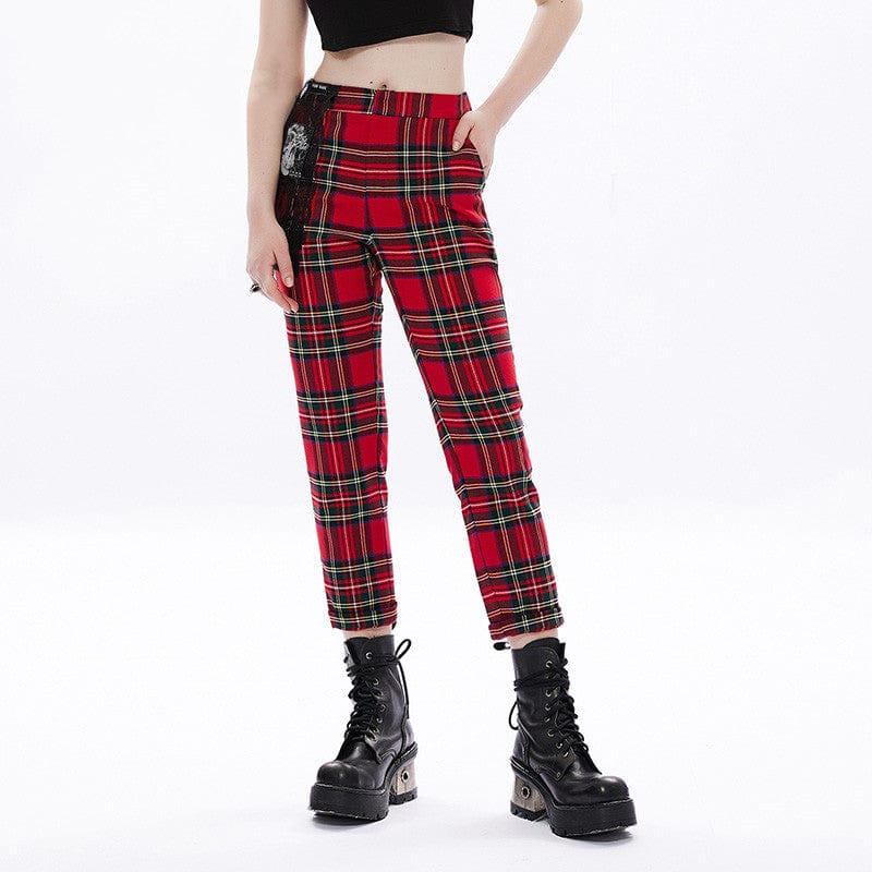 Women's Grunge High-waisted Red Plaid Straight-leg Pants – Punk Design