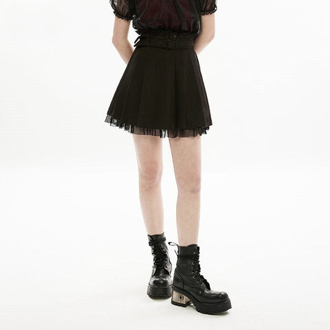Women's Grunge JK Lace Hem Pleated Skirt with Belt