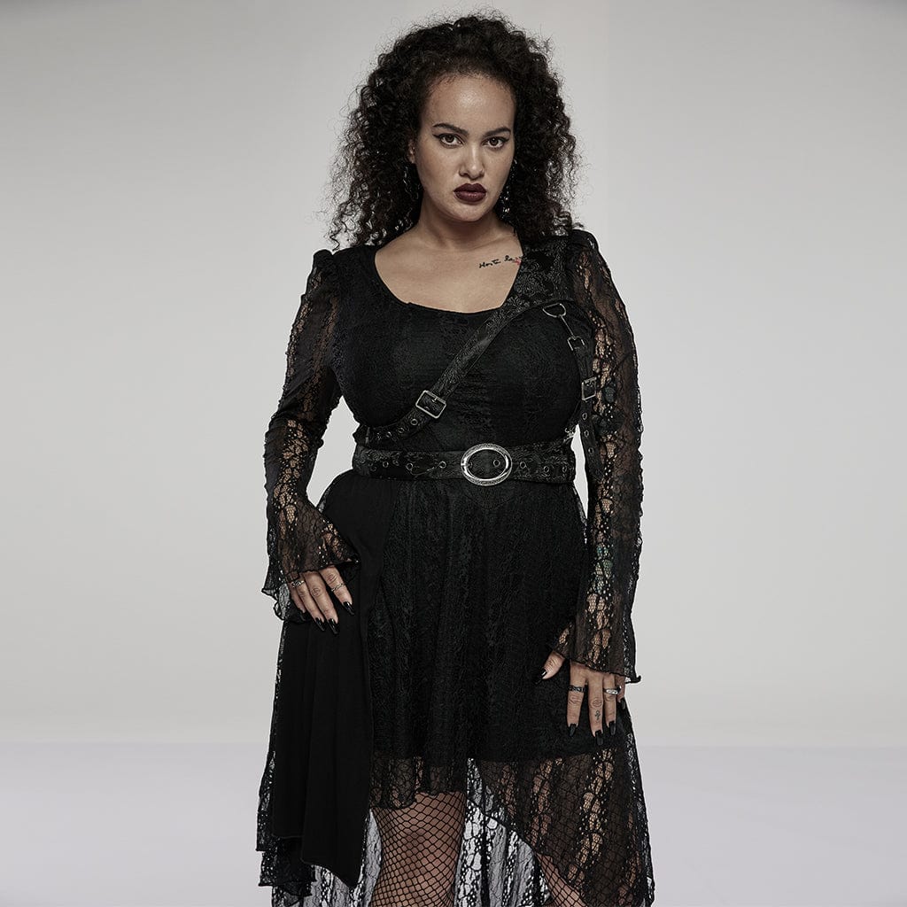 Women's Plus Size Gothic Metal Chain Long Sleeved Velvet Dress – Punk Design