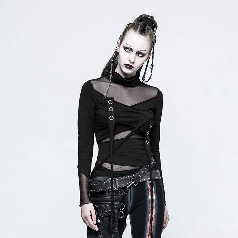 Top da donna con colletto alto in maglia velata nera - Design punk